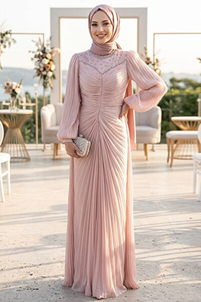 N.S NEVA STYLE Boncuk İşlemeli Pudra Işıltılı Tesettür Abiye Elbise 56161PD