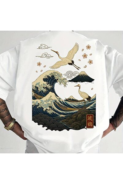 23 nisan Japanese Ukiyo-e Wave Crane T-Shirt - Loose-Fit Round Neck Summer Sh...