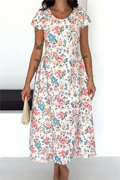 Neşeli Butik Rochie de damă roz, cu guler rotund, cu flori, lungime midi, cu ...