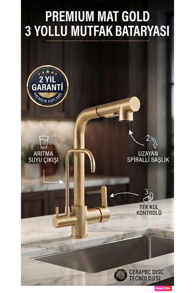 RENA DESIGN MAT GOLD ARITMALI SPİRALLİ 2 MODLU BAŞLIK L BORU MUTFAK EVYE BATA...
