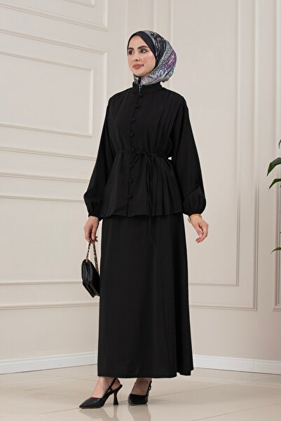 Sevitli Birit Detailed Pleated Lavin Double Set-Black