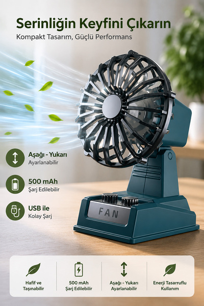 EXENAR Şarjlı Masaüstü Mini Vantilatör Retro Tasarım 2 Kademeli Mini Fan 500 ...