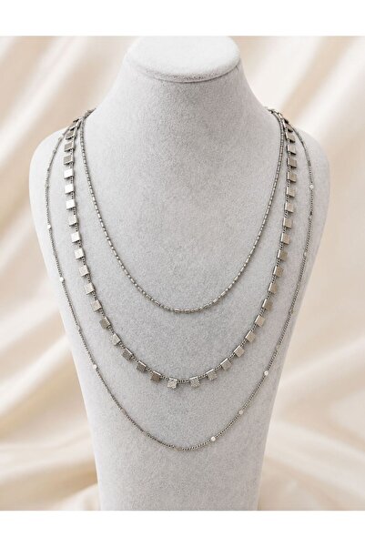 Gosea Multi-Layered Geometric Square Detailed Silver Color Chain Necklace |  ...