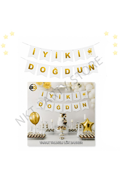 Varaklı Banner Lüks Kartondan İyi ki Doğdun Happy Birthday Yazı BEYAZ