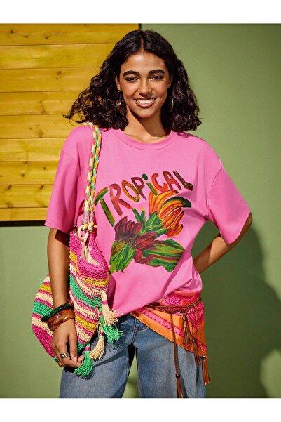 Jose Clothing Pink Oversize Cut Short Sleeve Printed T-Shirt