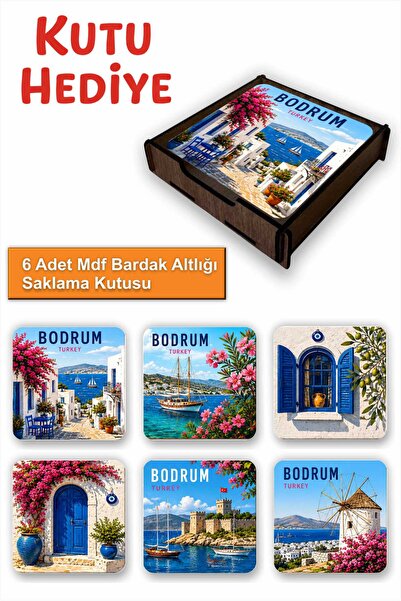 UNT Bodrum Esintisi Set of 6 Mdf Coasters – with Wooden Storage Box 9X9 cm