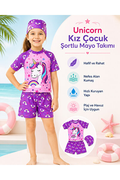 rony pony kids Kız Çocuk 3’lü Plaj Takımı Deniz Kızı Desenli Mayo Seti Bone Ş...
