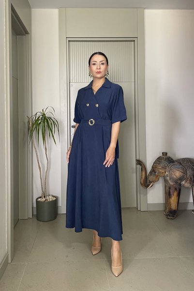 Butik Didem Sakinci Short Sleeve Long Dress with Gold Button and Belt Detail