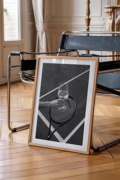 Postifull Tennis Racket and Wine Glass Poster, Wooden Framed Poster, Old Mone...