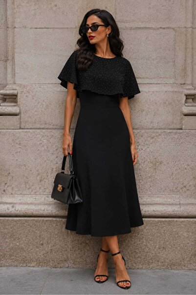 YEK&BİR Cloaked Dress with Stone Details and Giped Back