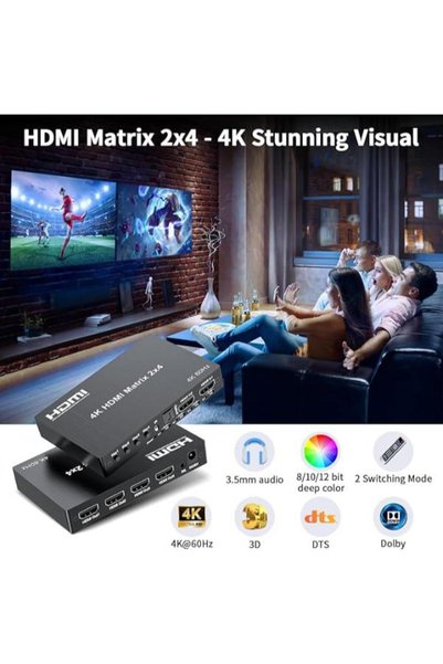 DESTE ELEKTRONİK HDMI 2X4 MATRİX SWİTCH 4K 60Hz 2 GİRİŞ 4 ÇIKIŞ Optik ve 3.5mm Ses Çıkışı