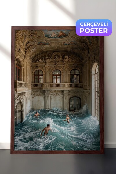 Postifull Wave and People Poster, Brown Framed Poster, Old Money Series, No:1...