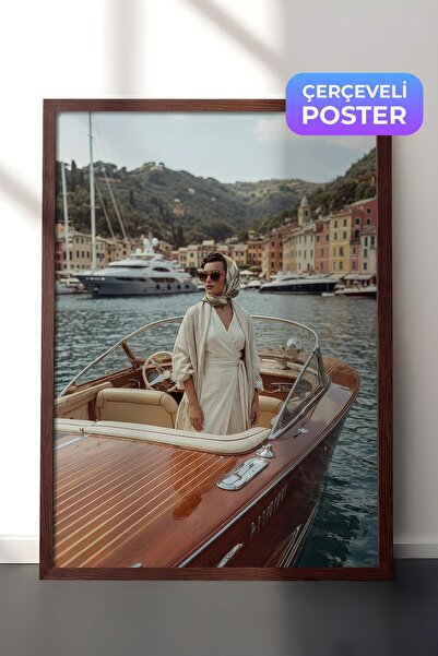 Postifull Woman and Boat Poster, Brown Framed Poster, Old Money Series, No:11...