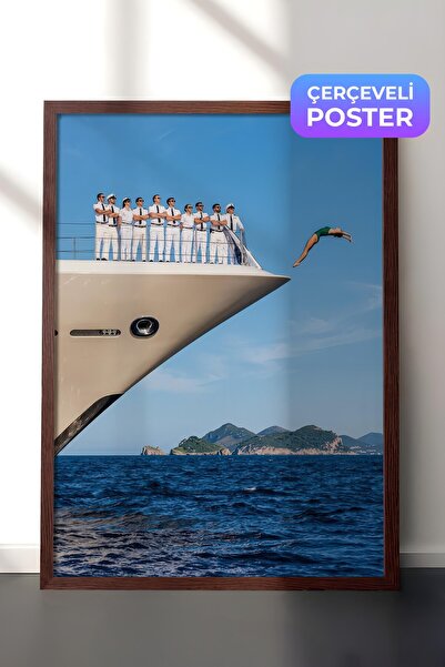 Postifull Yacht and Diver Poster, Brown Framed Poster, Old Money Series, No:1...