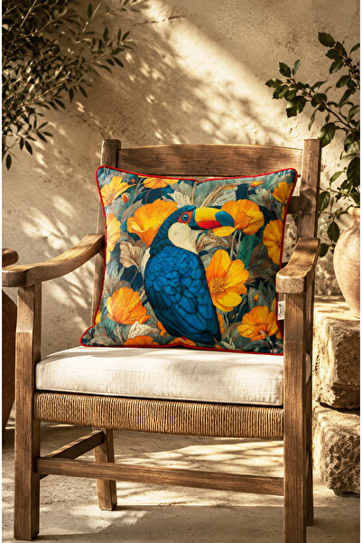 CANİLA Toucan Bird Patterned Traditional Velvet Piping Luxury Cushion Cover 4...