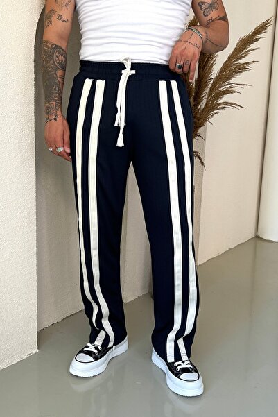 OUTFİT MAN Double Embroidery Detail Self-Stripe Tracksuit Navy Blue