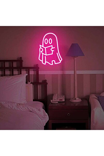Slasa Ghost Reading Book LED Neon Sign with 6mm Acrylic Base Pink 20x30 cm