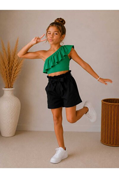 BEBEĞİME ÇORAP Girls' Ruffle Sleeve Blouse and Linen Shorts Top and Bottom Set