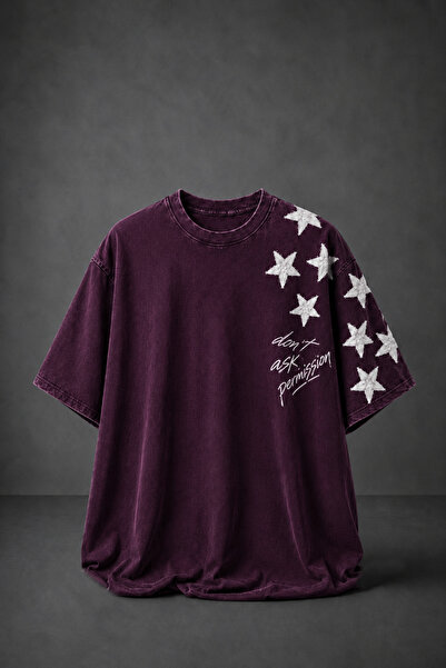 Slatra Erkek Mürdüm Permission Aplike Nakışlı Oversize Tshirt