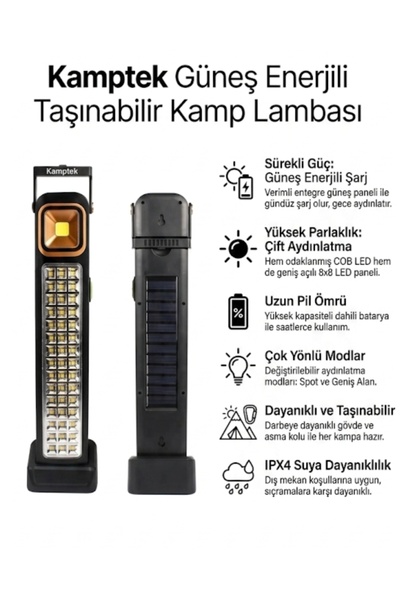 kamptek kamp teknolojisi Kamptek Güneş Enerjili 5 Fonksiyonlu Şarj Edilebilir...