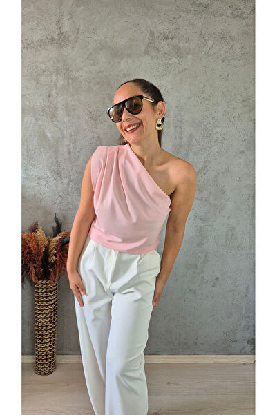 Butik Likralı Drapeli Tek Omuz Tasarım Bluz Pembe
