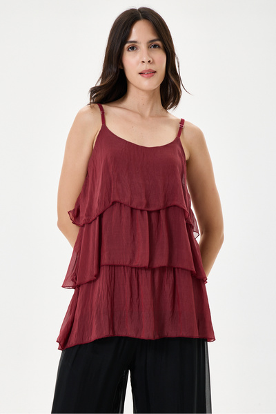 della moor Burgundy Italian Adjustable Strap Layered Lined Silk Blouse Size 3...