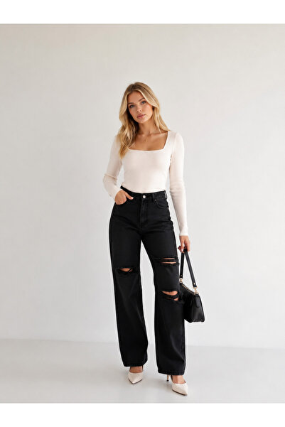 SHEVEGA Black High Waist Knee Ripped Detailed Wide Leg Palazzo Jean Denim Tro...