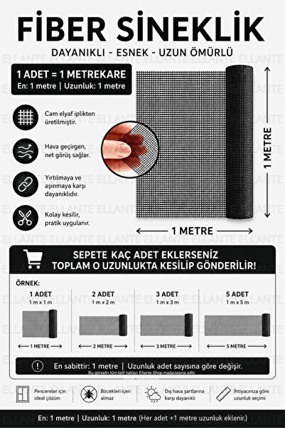 ellante 1 Metre x 1 Metre Fiber Sineklik Teli – Dayanıklı Fiberglas Pencere S...