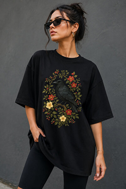 Impress Raven and Flower Pattern Oversized T-Shirt, Very Wide Fit Loose Cut 1...