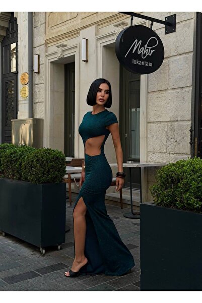 NİCE STYLE Women's Low-Cut Detail Ruched Silvery Fabric Maxi Dress