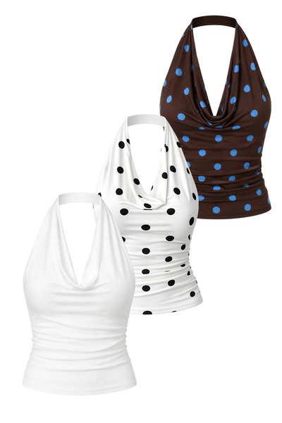 DI LORIA Women's Polka Dot Degaje Collar Crop 3-Piece Set (Brown & Black Polk...