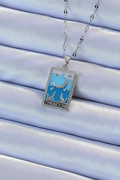 Marsilyan 316L Steel Chain Silver Color Blue Enamel Moon Figure Tarot Necklac...