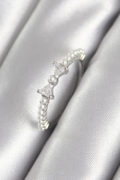 Marsilyan Brass Silver Color Zircon Stone Ribbon Model Pearl Detail Women's R...