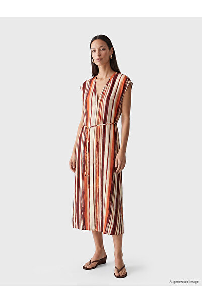 LC Waikiki Trendlucky with a Difference V-Neck Striped Belted Dress