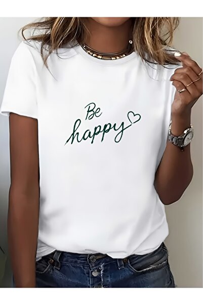 BASEPULSE تي شيرت نسائي بتصميم جرافيك 'Be Happy' بوزن 180 جرام، مريح وعصري - ...