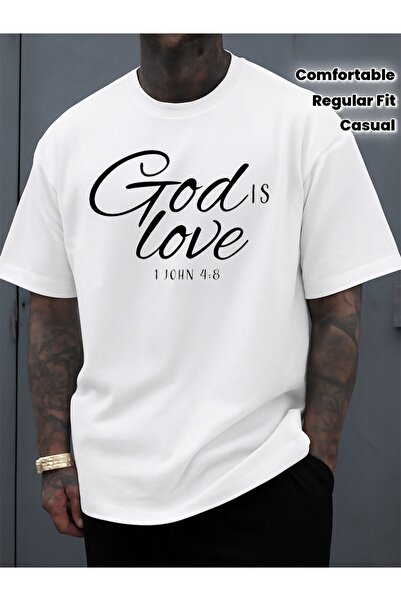 212Wear تي شيرت God Is Love للرجال بتصميم جرافيك، أبيض، قصة عادية أنيقة، مريح...