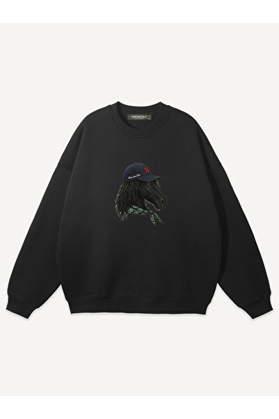 Mad&Calf Unisex Stylish Horse Printed Crew Neck Oversize Sweatshirt