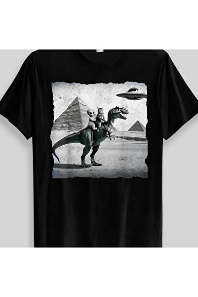 NOURAM Vintage Alien Dinosaur Pyramid UFO Cat Fun Print T-Shirt