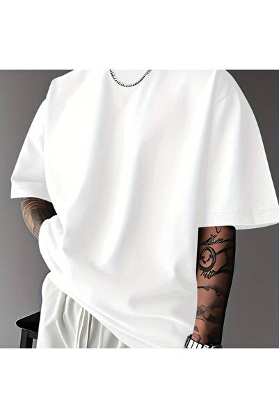 1001 Line Men's Plus Size Solid White T-Shirt, Loose Fit Short Sleeve Crew Ne...