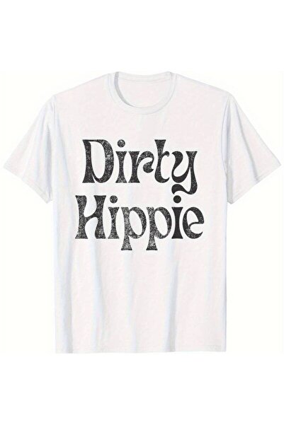 NOURAM تي شيرت رجالي كلاسيكي بياقة دائرية وتصميم نصي بطبعة Dirty Hippie باللو...