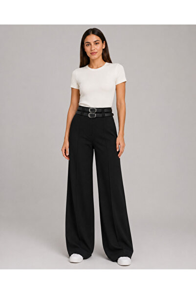 Emporya Women's Double Belt Detailed High Waist Summer Comfortable Wide Leg P...