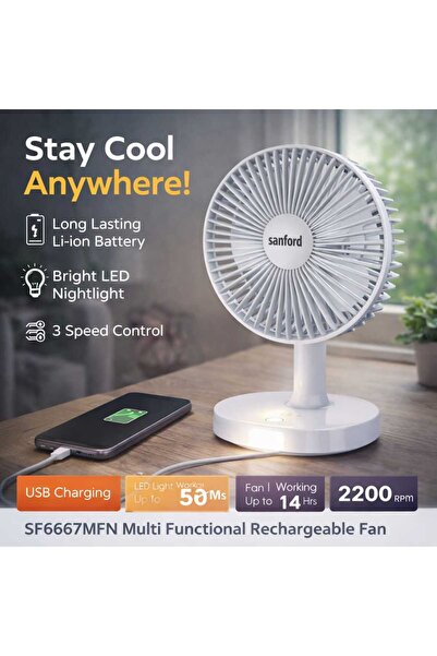 Sanford مروحة طاولة قابلة لإعادة الشحن SF6667MFN مع ضوء LED بسعة 4600 مللي أمبير