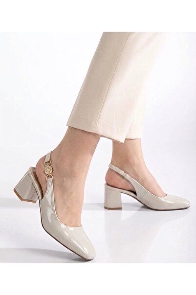 RMY SHOES Women's Beige Premium Patent Leather Heeled Shoes with Gold Detaili...