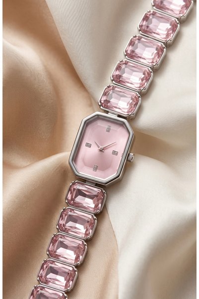 KLISHE Swarovsk Women's Steel Watch Pink Color & Pink Stones Luxury Vintage Old Money Premium Stylish Luxury Rectangular Case Women's Wristwatch 2026