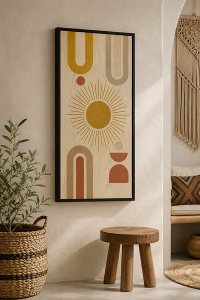FourArts Boho Güneş ve Geometrik Şekiller Ahşap Tablo | UV Baskı | Siyah Çerç...
