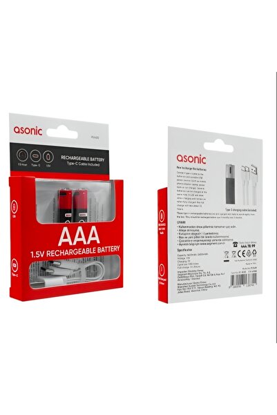 Asonic PL1400, AA, Şarjlı Pil, 1.5Volt, 1400mAh/2600mwh, Type-C ile Kolay Şar...