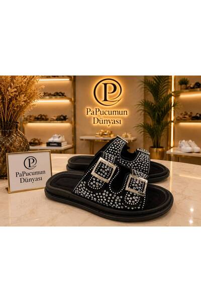 PAPUCUMUN DÜNYASI Women's Double Buckle Shiny Stone Embellished Stylish Comfo...