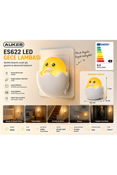 Aukes LED Gece Lambası – Sevimli Yumurta Tasarımlı, Sıcak Beyaz Işıklı Priz T...