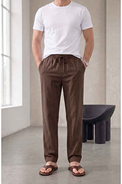 TheSeason Men's Brown Cotton Linen Look Relaxed Fit Summer Trousers with Tie-...
