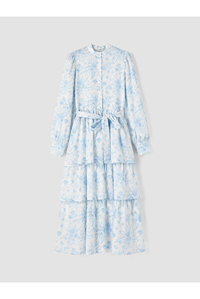 LC Waikiki LCW Modest Mavi Hakim Yaka Katkat Beli Kuşaklı Elbise